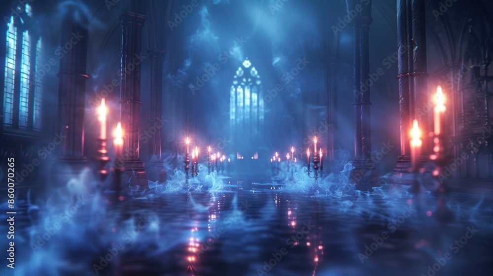Fototapeta premium A gothic cathedral interior enveloped in mist and illuminated by candlelight, creating an ethereal and mysterious atmosphere.