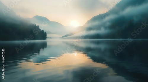 A serene sunrise over a calm mountain lake surrounded by mist, creating a peaceful and ethereal landscape.