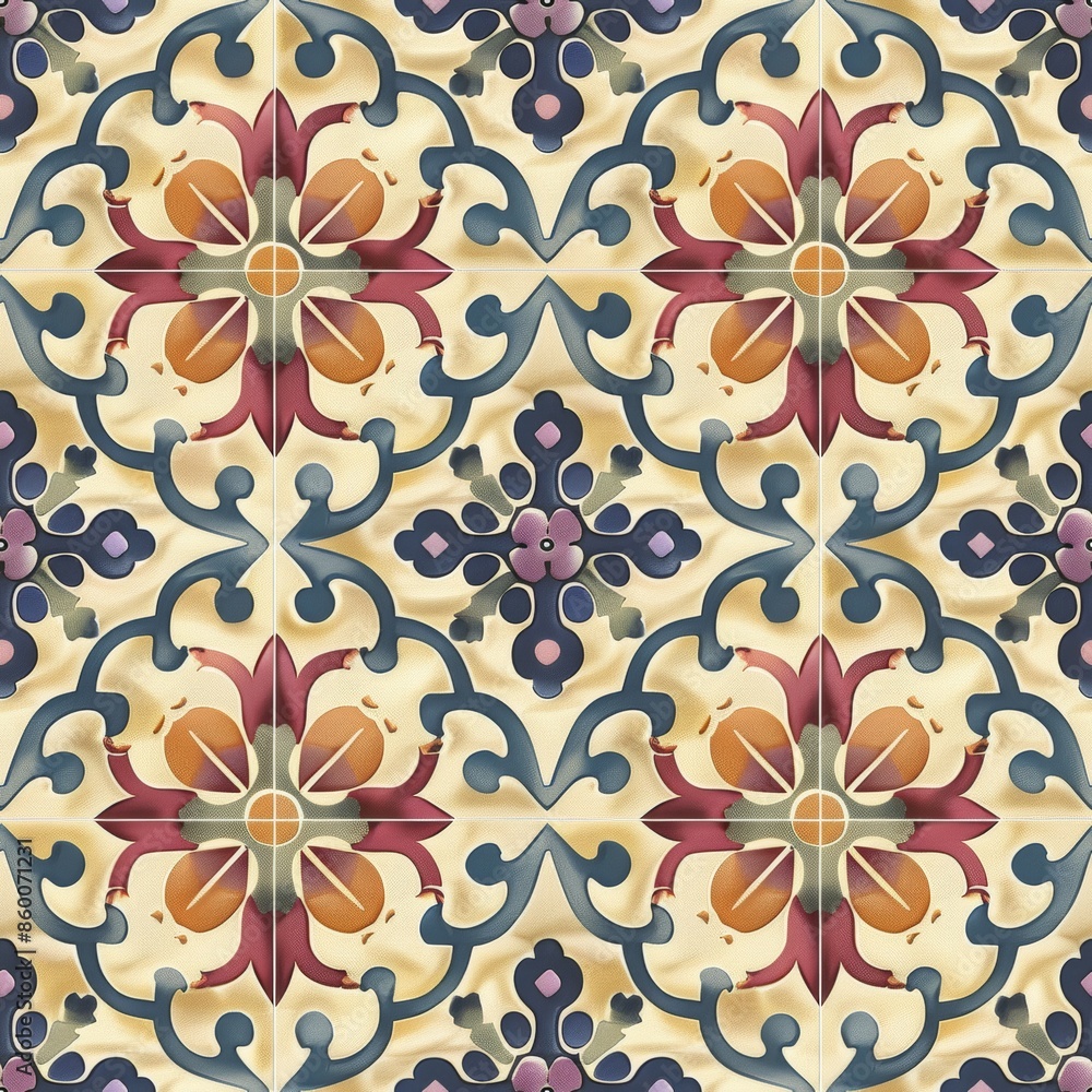 A tile pattern with a blue and red flower design. The tile pattern is made up of squares and circles A tile pattern with a blue and red flower design. The tile pattern is made up of squares and circles