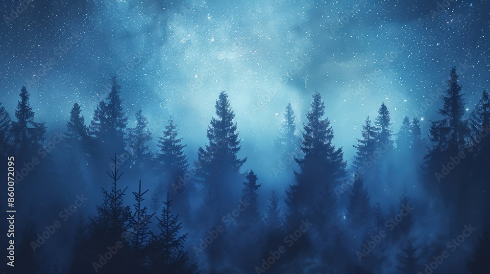 A tranquil, misty forest under a clear, starry night sky, creating a serene and enchanting atmosphere. A tranquil, misty forest under a clear, starry night sky, creating a serene and enchanting atmosphere.