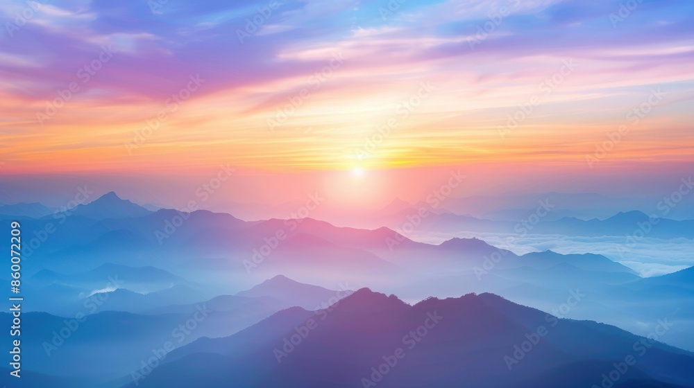 A breathtaking sunrise with vibrant colors illuminating a majestic mountain range covered in mist. A breathtaking sunrise with vibrant colors illuminating a majestic mountain range covered in mist.