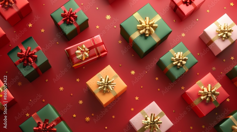 Colorful Wrapped Gifts Box Pattern On Red Background Colorful Wrapped Gifts Box Pattern On Red Background