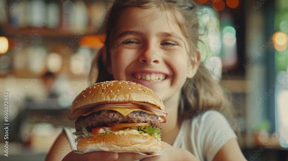 A cheerful girl smiles widely while holding a large, juicy burger, highlighting the joy of enjoying good food. A cheerful girl smiles widely while holding a large, juicy burger, highlighting the joy of enjoying good food.