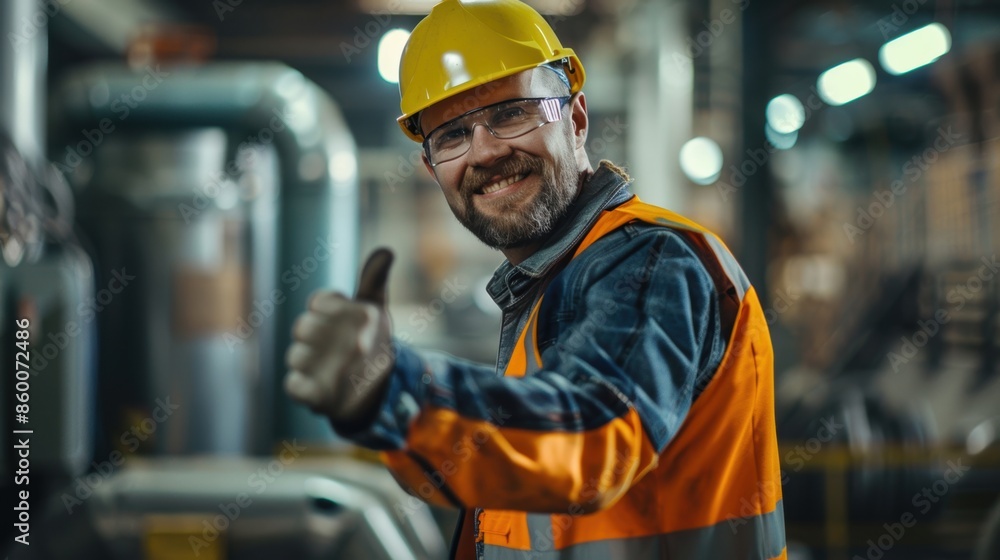 A smiling factory worker in safety gear gives a thumbs up, symbolizing job satisfaction and industrial safety. A smiling factory worker in safety gear gives a thumbs up, symbolizing job satisfaction and industrial safety.