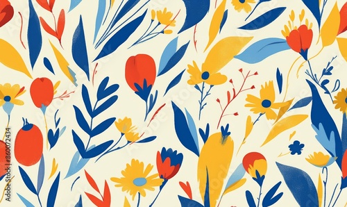 Abstract Floral Pattern With Blue, Yellow, and Red Flowers on a White Background