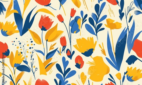 Abstract Floral Pattern With Blue, Yellow, and Red Flowers on a White Background