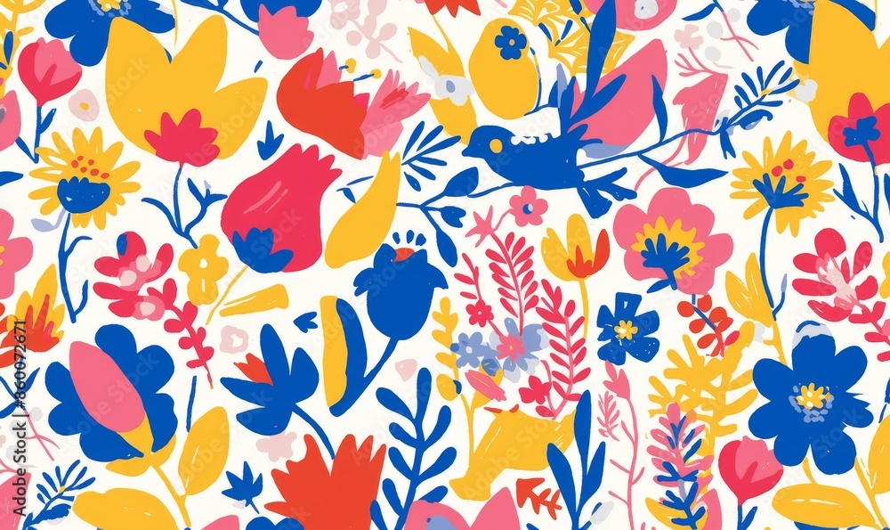 Abstract Floral Pattern With Blue, Yellow, and Red Flowers on a White Background