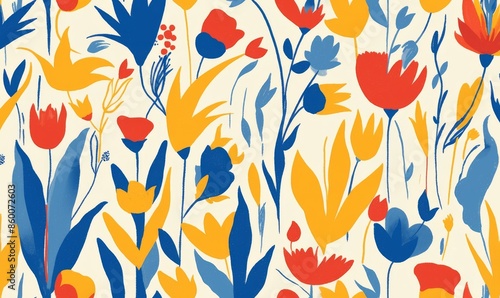 Abstract Floral Pattern With Blue, Yellow, and Red Flowers on a White Background