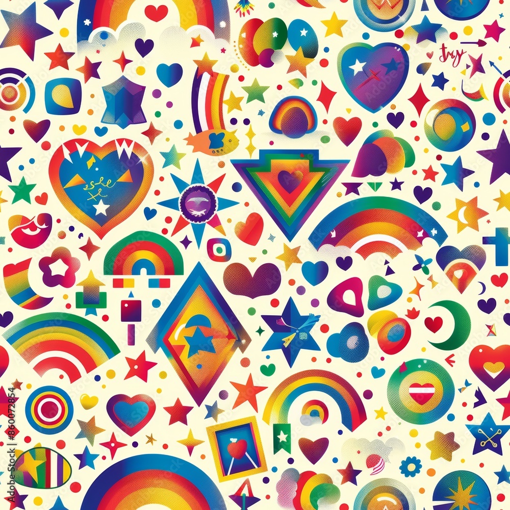 A colorful and abstract design of stars, hearts, and rainbows. The design is full of bright colors and shapes, creating a playful and whimsical atmosphere. The use of various shapes A colorful and abstract design of stars, hearts, and rainbows. The design is full of bright colors and shapes, creating a playful and whimsical atmosphere. The use of various shapes
