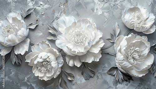 "3D Textured Painting of White Peonies on Grey Background"