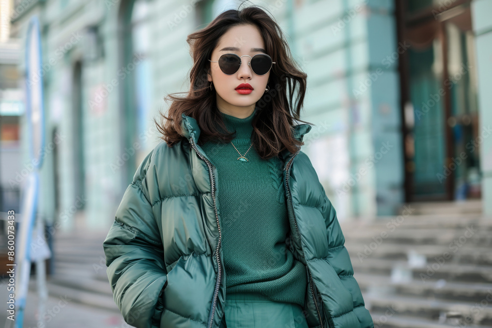 Stylish woman in sunglasses and a jacket, posing outdoors in an urban setting, exuding fashionable allure. Stylish woman in sunglasses and a jacket, posing outdoors in an urban setting, exuding fashionable allure.