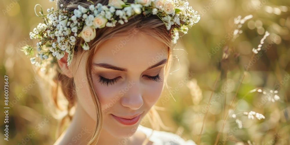 Fototapeta premium Elegant Bride Wears Floral Wreath at Stylish Wedding