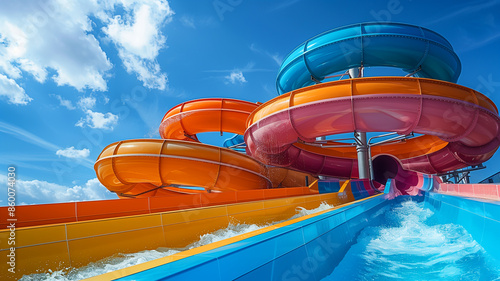tube water slides at water park against blue sky