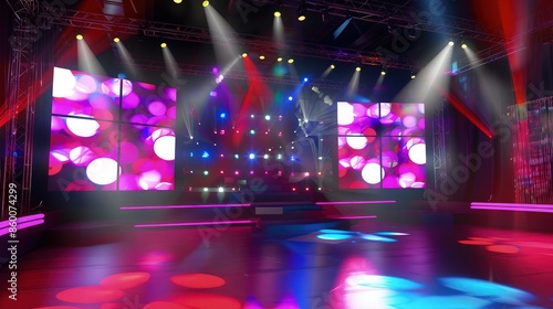 A modern party stage with dynamic LED screens, vibrant spotlights in changing colors, and sleek metallic decorations for a high-energy dance party.