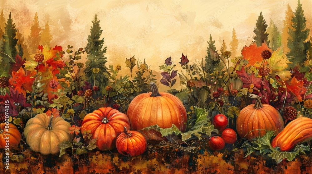 Pumpkin Patch Border with Harvest Vegetables and Fall Foliage Pumpkin Patch Border with Harvest Vegetables and Fall Foliage