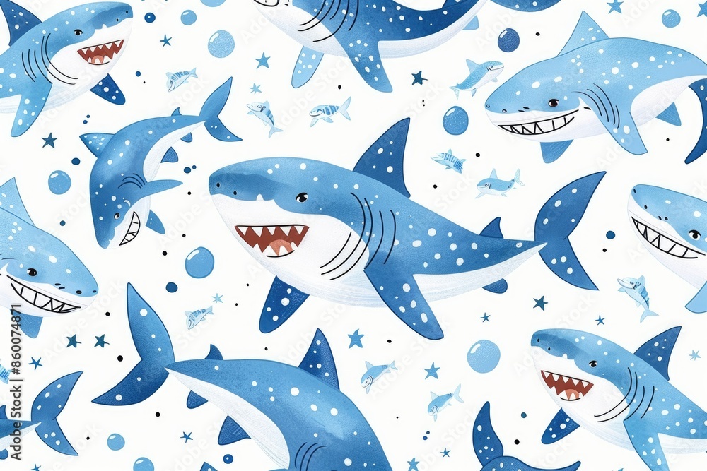 Fototapeta premium Cute sharks cartoon pattern design. ai generated