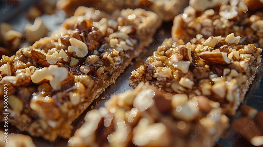 A close-up shot of nut bars being served, highlighting the crunchy nuts and sticky honey A close-up shot of nut bars being served, highlighting the crunchy nuts and sticky honey