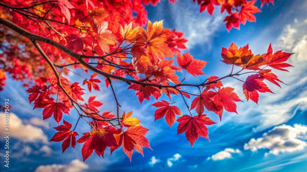 Autumnal branch with vibrant crimson leaves against a serene blue sky, solitary and majestic, exuding a sense of seasonal beauty. Autumnal branch with vibrant crimson leaves against a serene blue sky, solitary and majestic, exuding a sense of seasonal beauty.