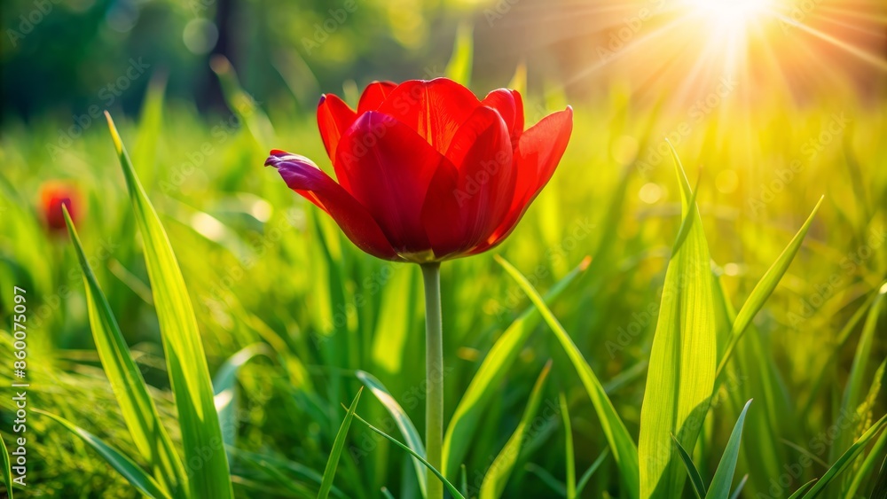 Vibrant solitary red tulip blooms amidst lush green grass, swaying gently in the breeze on a serene sunny day. Vibrant solitary red tulip blooms amidst lush green grass, swaying gently in the breeze on a serene sunny day.