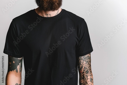 Tattooed Arms in Black T-Shirt, Light Gray Background Mockup Template
