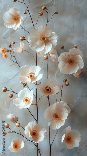 Elegant arrangement of delicate white flowers on thin branches, set against a soft gray textured background.