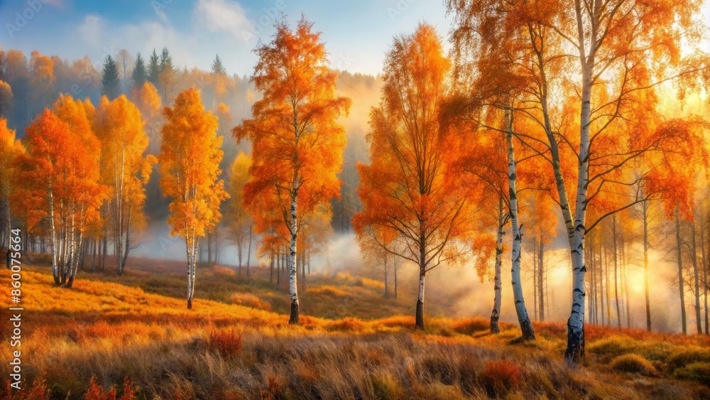 Vibrant orange birch trees stand tall amidst rustling golden leaves and foggy mist in a serene Ural forest autumn landscape. Vibrant orange birch trees stand tall amidst rustling golden leaves and foggy mist in a serene Ural forest autumn landscape.