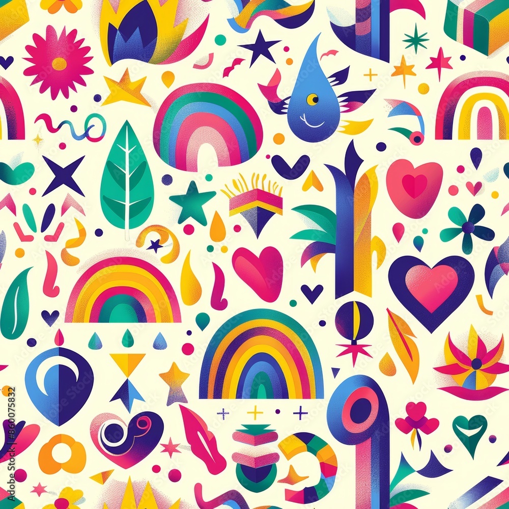 Fototapeta premium A colorful and abstract design with many different shapes and patterns, including hearts, stars, and rainbows