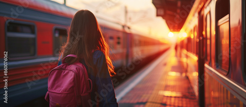 A young woman with a backpack at a train station, watching the sunset, back view