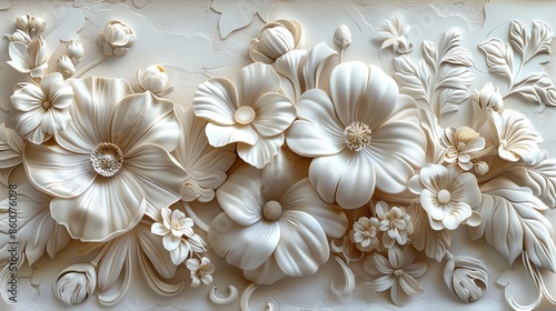 Elegant floral relief sculpture featuring detailed flowers and leaves in intricate pattern on a light background.