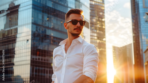 Portrait of handsome confident stylish hipster lambersexual modelModern man dressed in white shirt Fashion male posing in the street background near skyscrapers in sunglasses Outdoors  : Generative AI photo