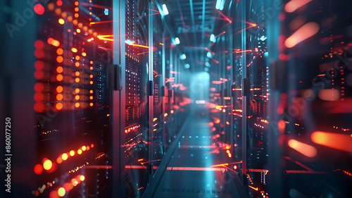 data center with glowing servers and network connections, highlighting the infrastructure and technology that power the IT sector