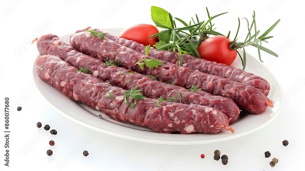 Fresh Raw Beef Sausages on Display for Sale at Butcher Shop - Food Ingredients and Cooking Concept Stock Photo Fresh Raw Beef Sausages on Display for Sale at Butcher Shop - Food Ingredients and Cooking Concept Stock Photo