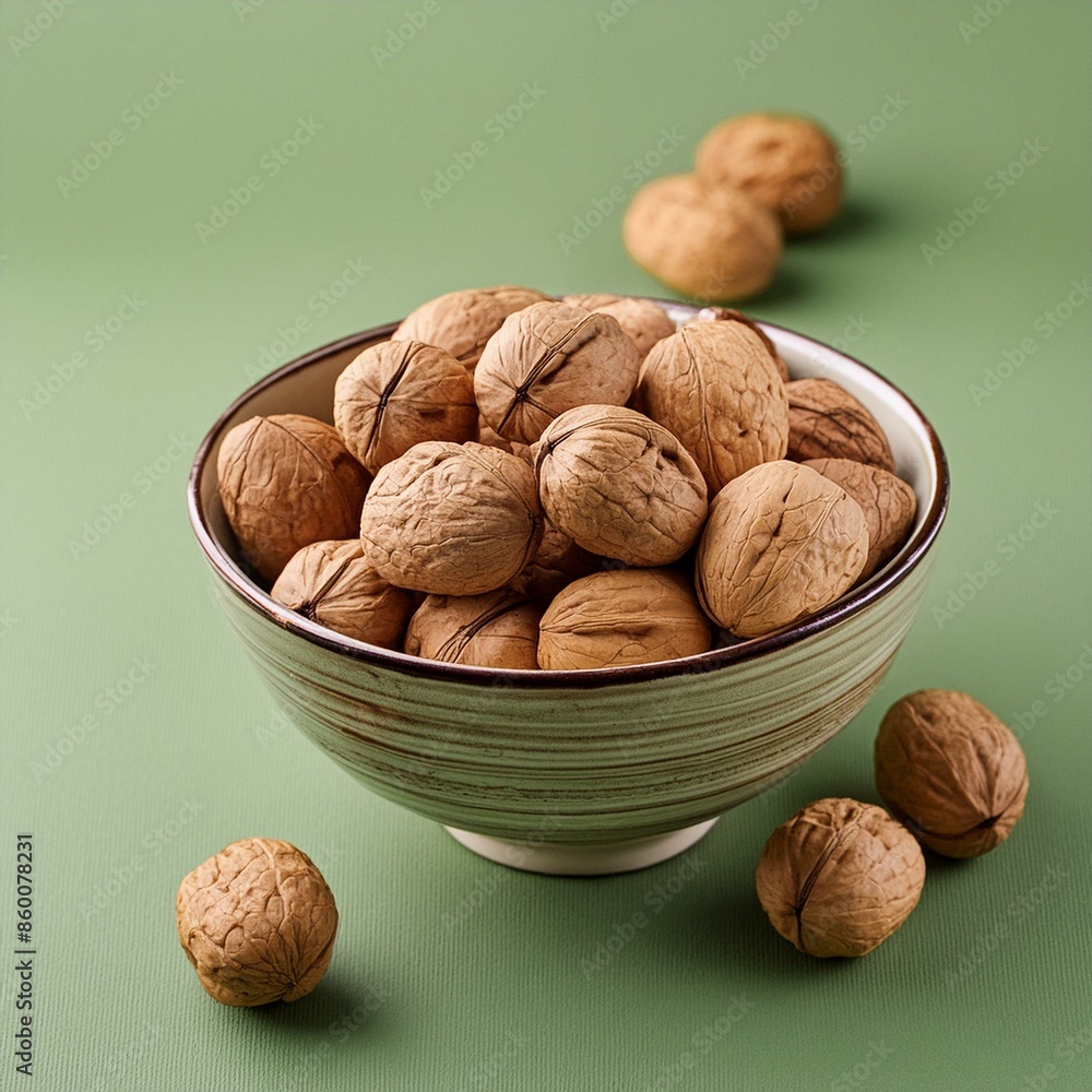 walnut in bowl on green background walnut in bowl on green background
