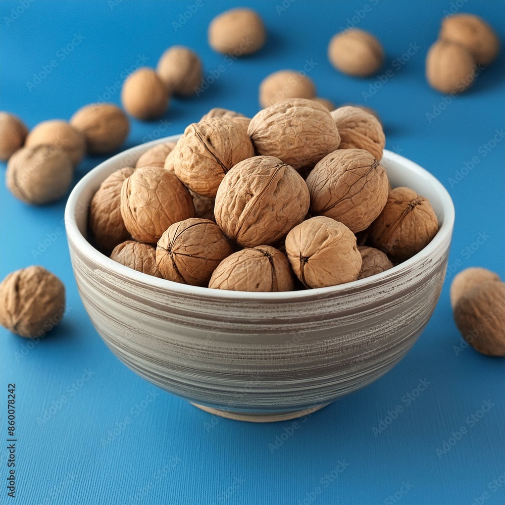 walnut in bowl on blue on background walnut in bowl on blue on background