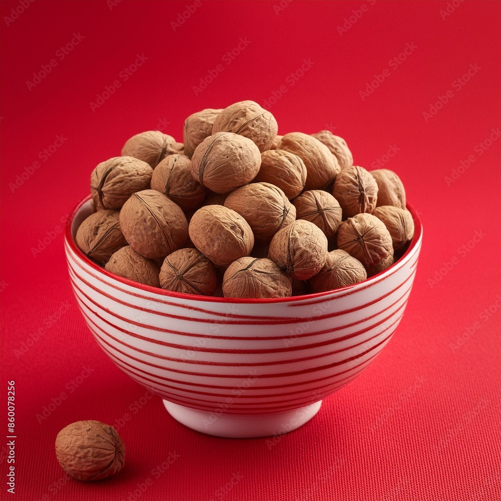 walnut in bowl on red background walnut in bowl on red background