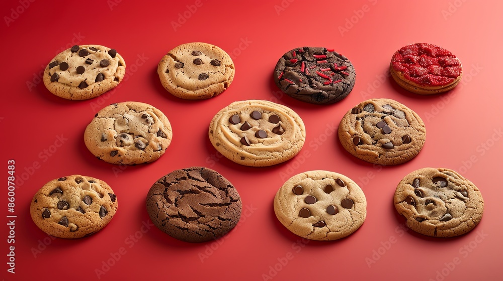 A variety of freshly baked cookies on a red background. A variety of freshly baked cookies on a red background.