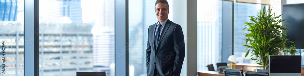 Fototapeta premium Successful professional manager standing confidently in a modern office, smiling and looking smart in a suit.