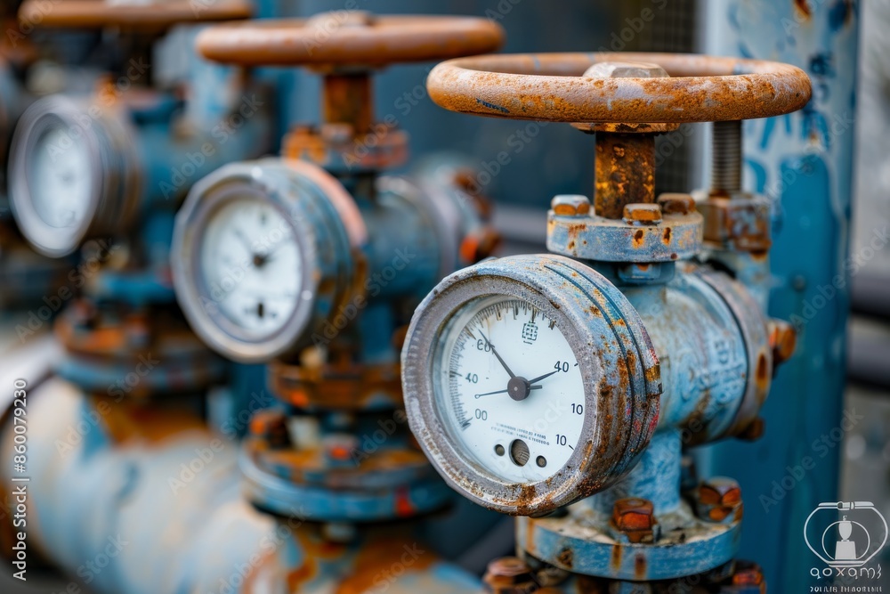 Close-up of an Old Rusty Industrial Valve with a Gauge Close-up of an Old Rusty Industrial Valve with a Gauge
