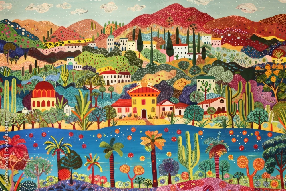 Vibrant Landscape with Houses, Trees, and a Lake Vibrant Landscape with Houses, Trees, and a Lake