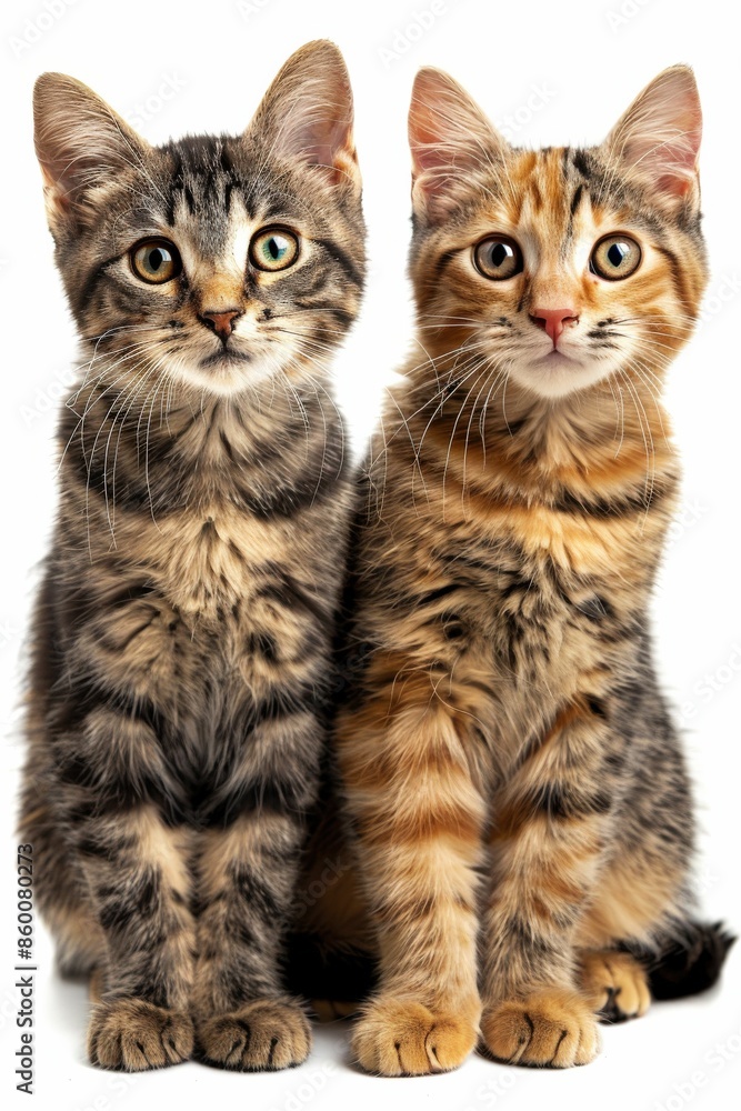 Adorable Pair of Tabby Kittens Sitting Together with Curious Expressions on White Background Adorable Pair of Tabby Kittens Sitting Together with Curious Expressions on White Background