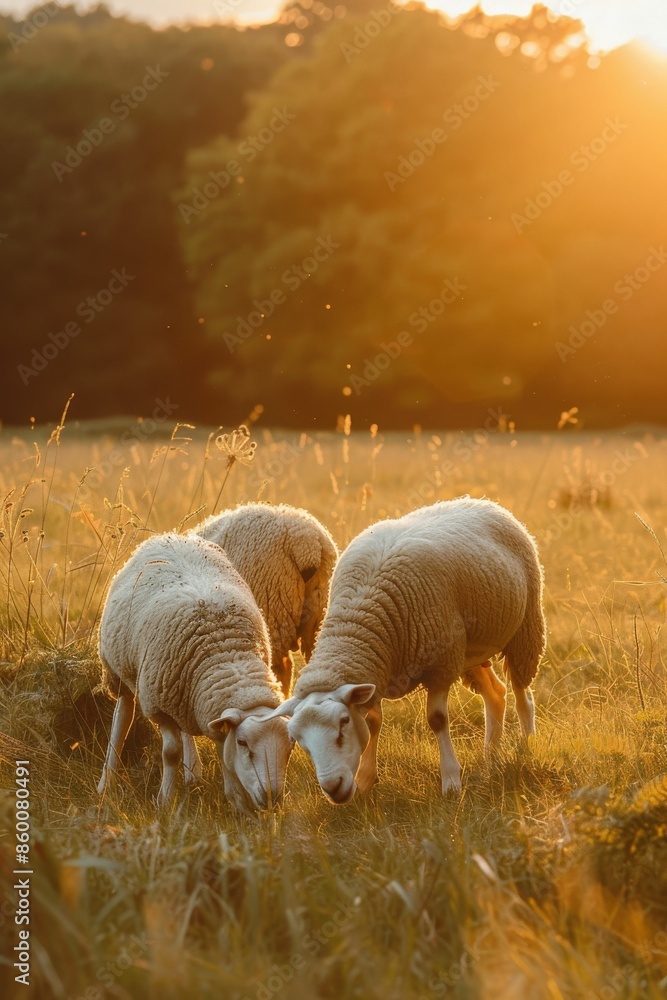 Fototapeta premium Sheep Grazing in a Sunlit Meadow During Golden Hour with a Forest Background