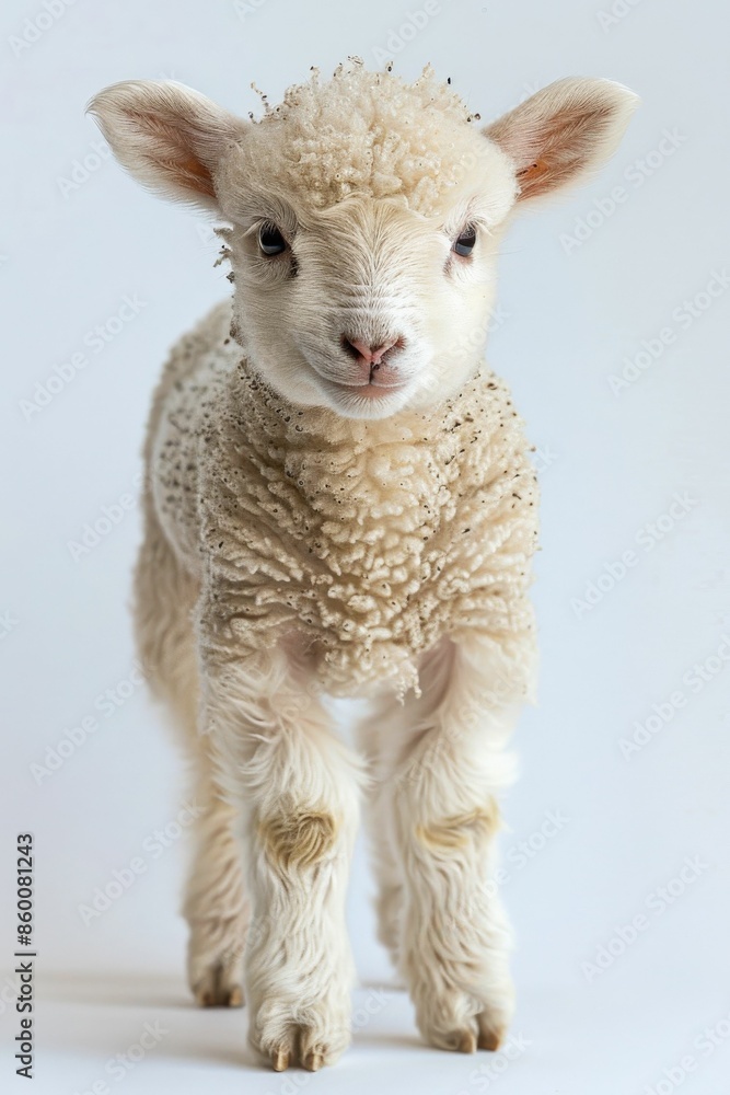 Obraz premium Adorable Baby Lamb with Curly Wool Standing Against a White Background