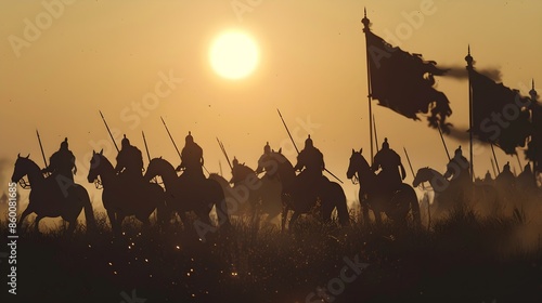 Silhouette of cavalry on ancient chinese battlefields,best quality, highly detailed, cinematography, 4k, cinema lighting, photography