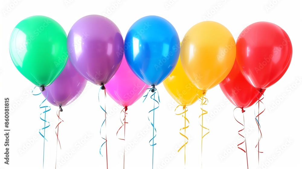 A row of colorful balloons with curled ribbons on a white background. A row of colorful balloons with curled ribbons on a white background.