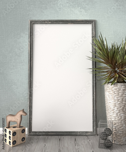 Mockup, beige, pastel living room interior in boho style, old frames, baguette stot on the floor, stool, flowers in a pot, decor, 3D rendering, template