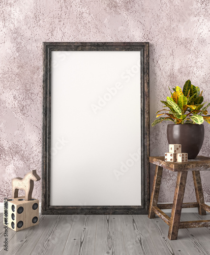 Mockup, beige, pastel living room interior in boho style, old frames, baguette stot on the floor, stool, flowers in a pot, decor, 3D rendering, template