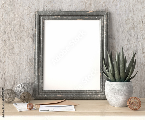 Mockup, beige, pastel living room interior in Scandinavian style, wooden old frame on console, flower in a slide, decorations, 3D rendering