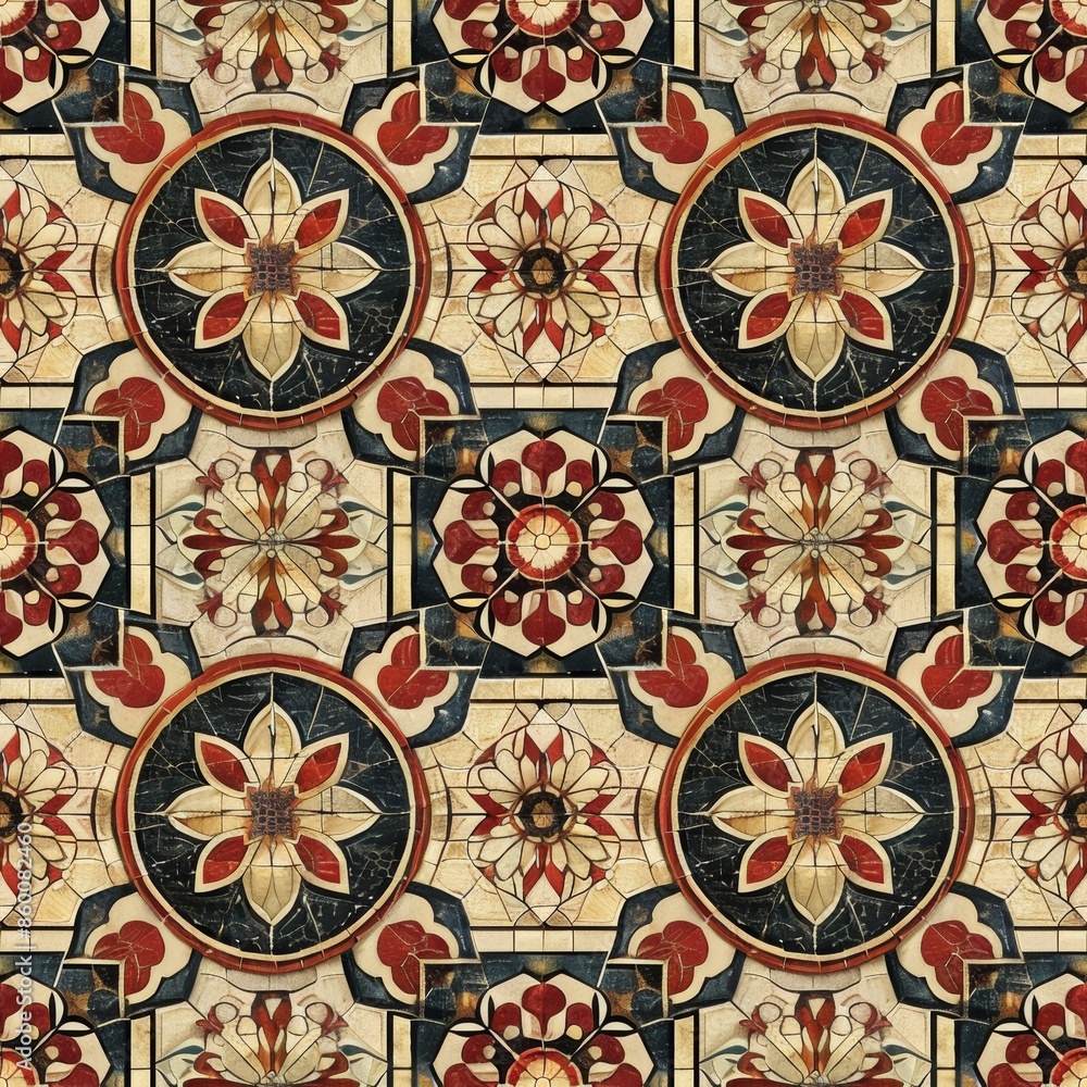 A pattern of flowers and leaves is displayed in a mosaic style. The colors are red, black, and white A pattern of flowers and leaves is displayed in a mosaic style. The colors are red, black, and white