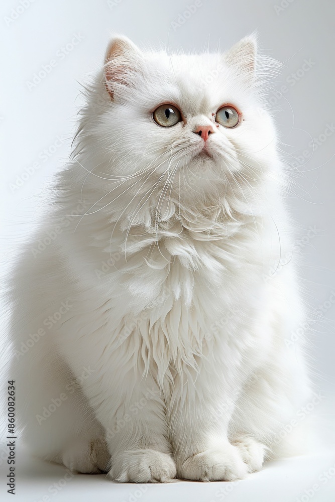 Fluffy White Persian Cat Sitting Against a White Background with Curious Expression Fluffy White Persian Cat Sitting Against a White Background with Curious Expression