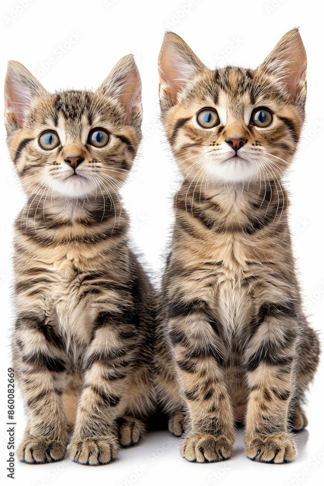 Adorable Pair of Tabby Kittens with Striking Blue Eyes Sitting Side by Side on White Background Adorable Pair of Tabby Kittens with Striking Blue Eyes Sitting Side by Side on White Background